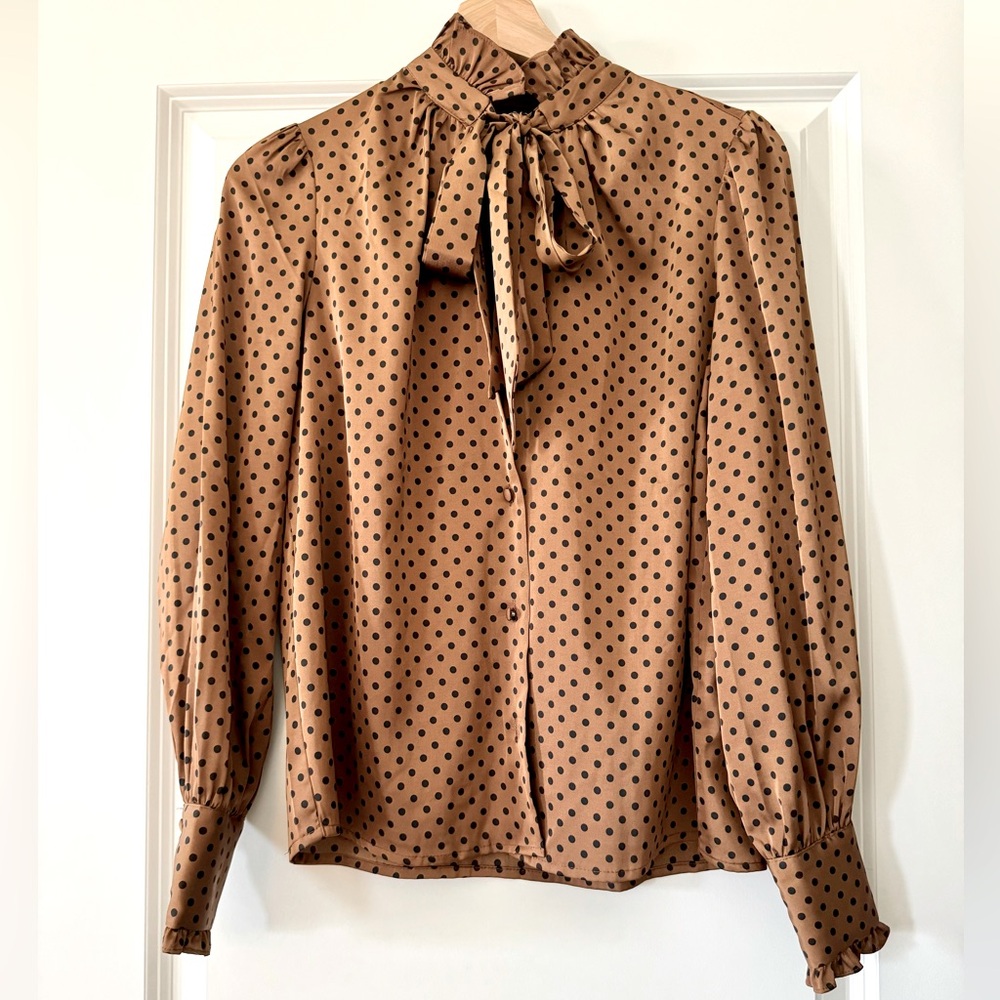 Rachel Zoe Tan Polka Dot Tie-Neck Blouse